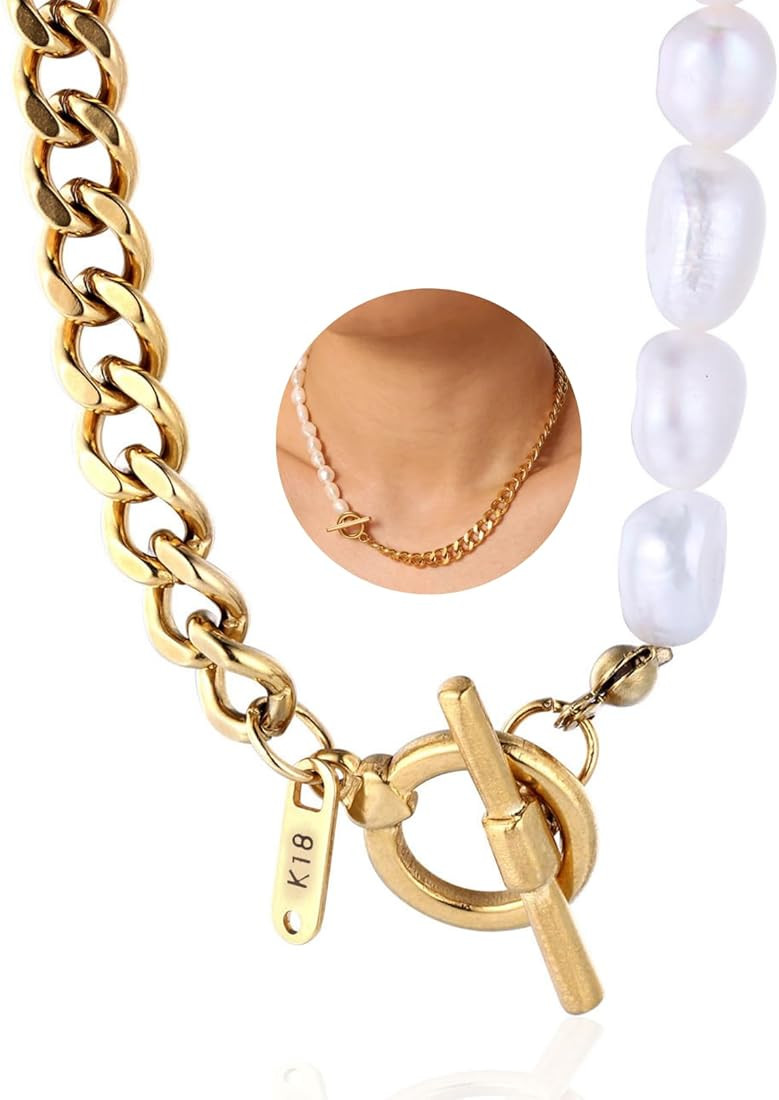 Halukakah Half Pearl Half Chain Necklace for Women - TIDE - 14k/White Gold Filled Chain 18", Baro... | Amazon (US)