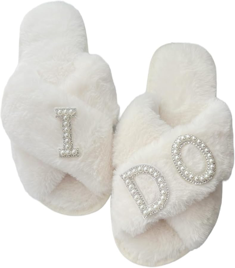 VOPHIA Bride Fuzzy Slippers Bride Gifts for Bridal Shower Cross Band Slippers Soft Wedding Slippe... | Amazon (US)