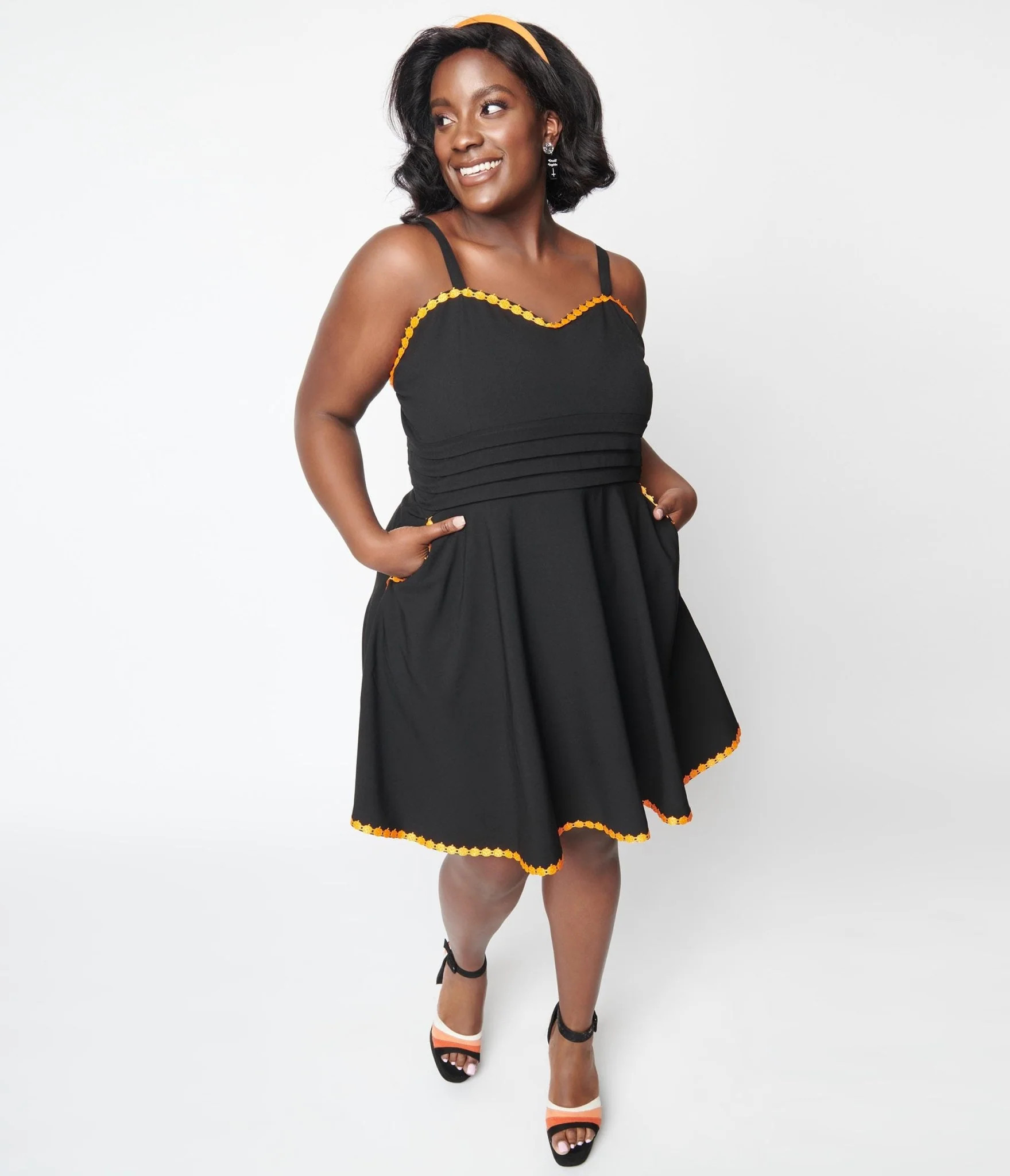 Unique Vintage Black & Pumpkin Trim Follow Your Heart Fit & Flare Dress | UniqueVintage