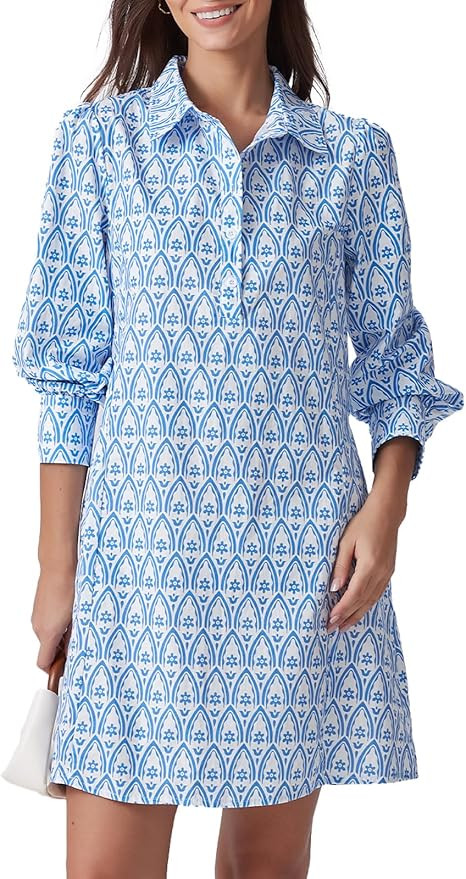 Floral Mini Dress Women Long Sleeve Holiday Sundress Button-Up Tunic Shirt Dress with Pockets | Amazon (US)