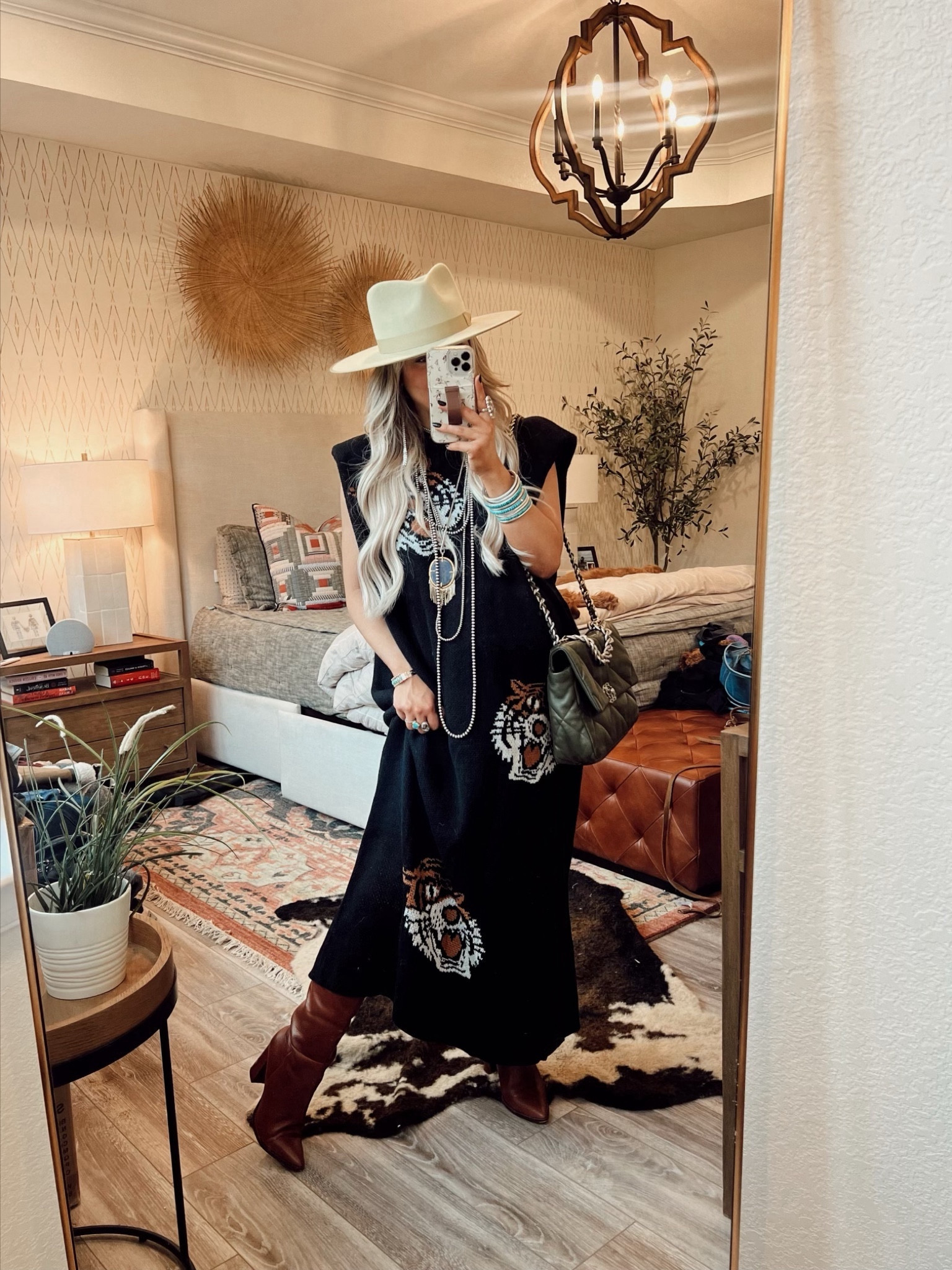 Dress - Dressed in Lala(ordered from direct site) 
Boots - Steve Madden
Hat-  Lack of Color 
 Stone Necklace and Earrings- Free People (older)
Navajo Pearls -Goldie Lew
Purse- Chanel  

#LTKbump #LTKshoecrush #LTKSeasonal