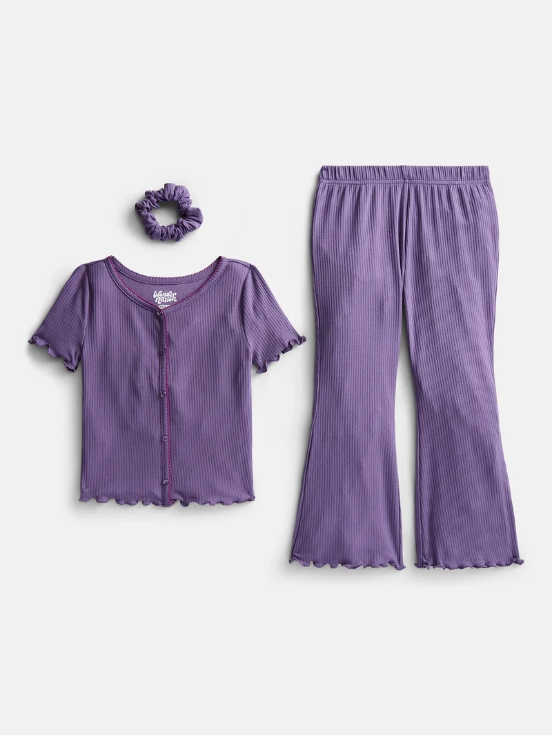 Wonder Nation Girls Ribbed Top and Pants Pajama Set with Scrunchie, 2 Piece, Sizes 4-18 | Walmart (US)