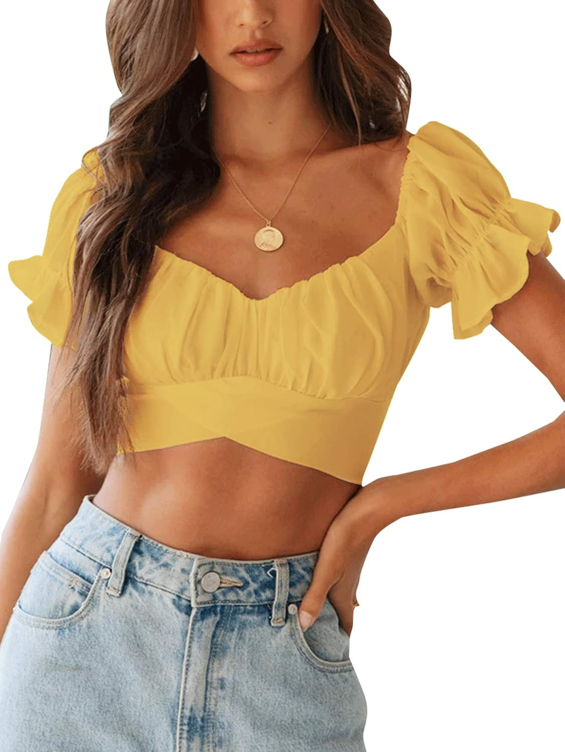 LYANER Women's Ruffle Short Sleeve Tie Up Back Crop Top Off Shoulder Bardot Blouse | Amazon (US)