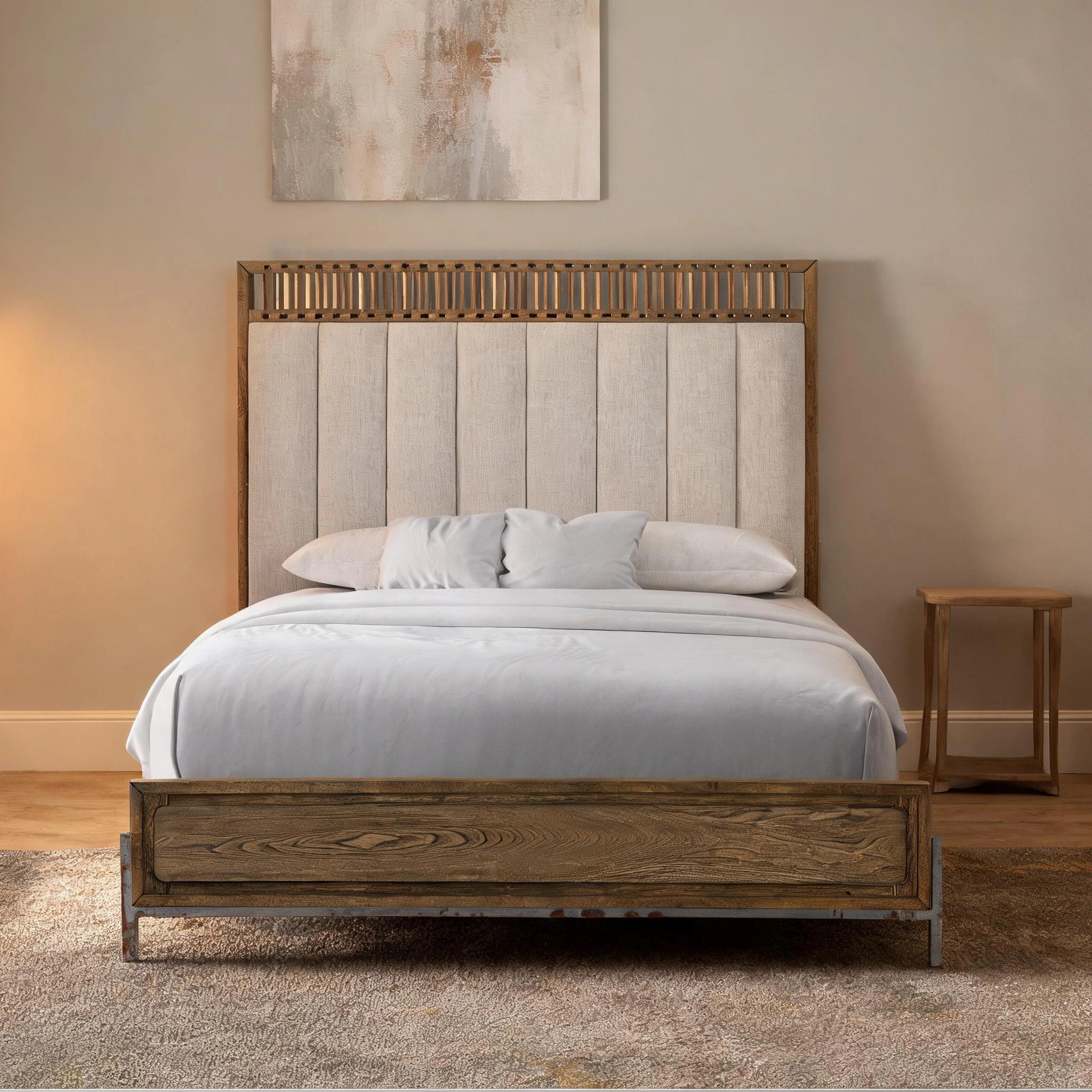 SunJet Queen Upholstered Panel Bed in Warm Brown Faux Leather with Strap Accents for the Bedroom one_size | MRX3GEANA43O | Lowe's