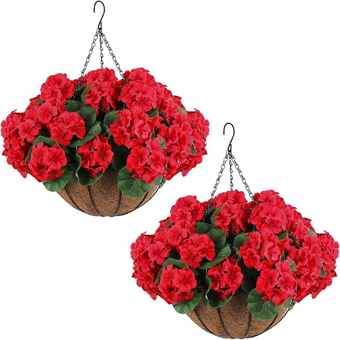 Hananona 2 Set Artificial Red Geraniums Flowers for Outdoors with Hanging Baskets, 2 Hanging Plan... | Amazon (US)