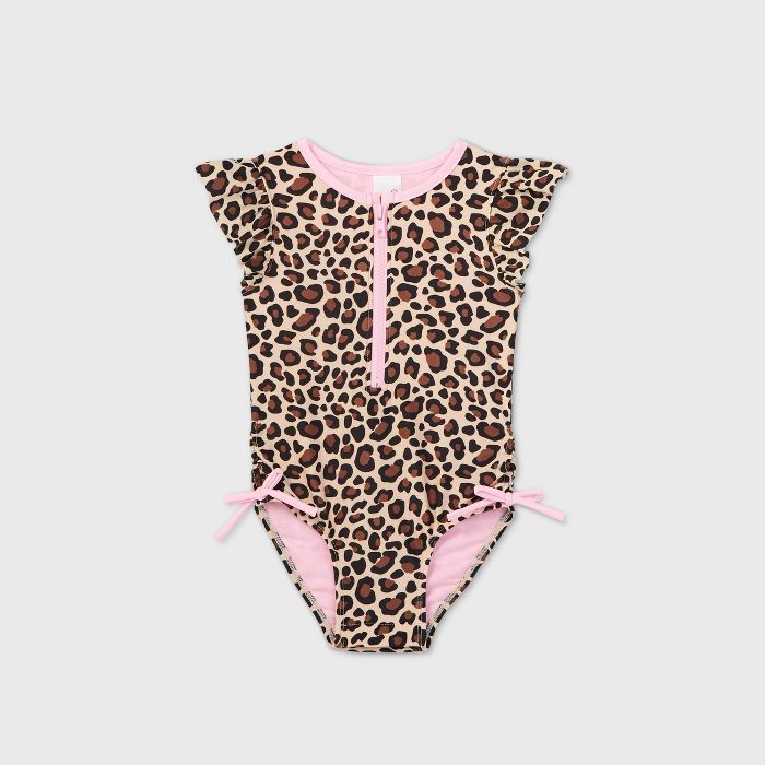 Toddler Girls' Leopard Print Zip-Front Flutter Sleeve One Piece Swimsuit - Cat & Jack™ Brown | Target