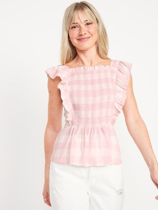 Sleeveless Ruffle-Trim Smocked Gingham Blouse for Women | Old Navy (US)