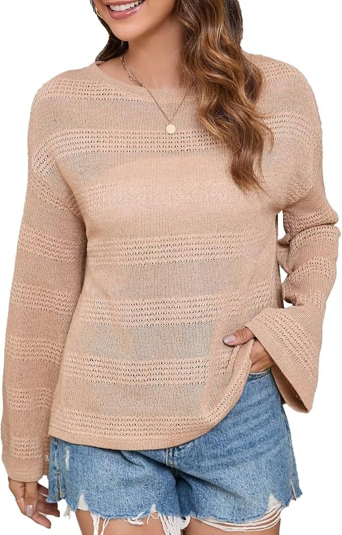 Women's Knit Sweater Summer 2024 Long Sleeve Lightweight Crochet Hollow Out Knit Tops. | Amazon (US)