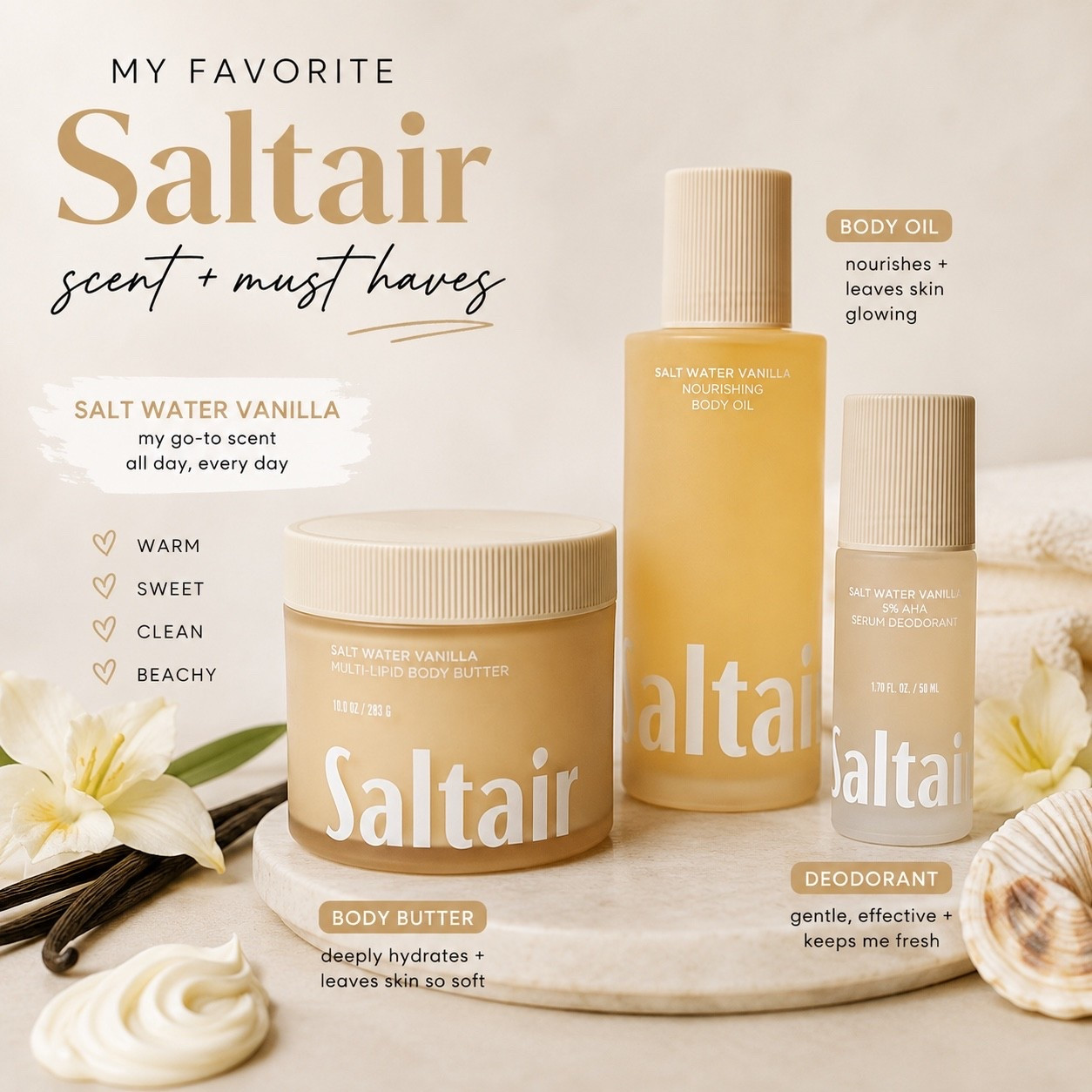 My favorite Saltair scent just keeps getting better. 🤍

I’ve tried several products from the Salt Water Vanilla collection, and these three are the ones I use over and over:
✨ Multi-Lipid Body Butter
✨ Nourishing Body Oil
✨ 5% AHA Serum Deodorant

The scent is warm, clean, lightly sweet, and perfect for everyday wear. If you’re building a body care routine that actually lasts throughout the day, these are absolutely worth checking out.

Everything is linked on my LTK!


#LTKFinds
#LTKStyle
#Saltair
#SaltWaterVanilla
#BodyCare
#VanillaLover
#BeautyFavorites
#UltaBeauty
#EverydayLuxury

#LTKBeauty #LTKselfcare