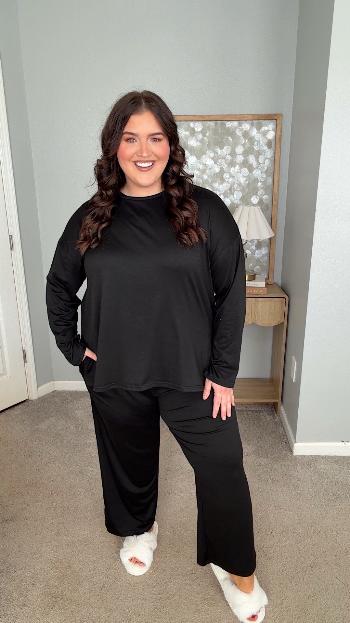 Amazon understood the assignment 👏🏼 👏🏼 about casual, comfy and plus size friendly outfits. I absolutely love the way this black lounge set fits and pairing it with these super cozy and warm slippers is the perfect look for lounging around. 

#LTKHome #LTKSeasonal #LTKPlusSize