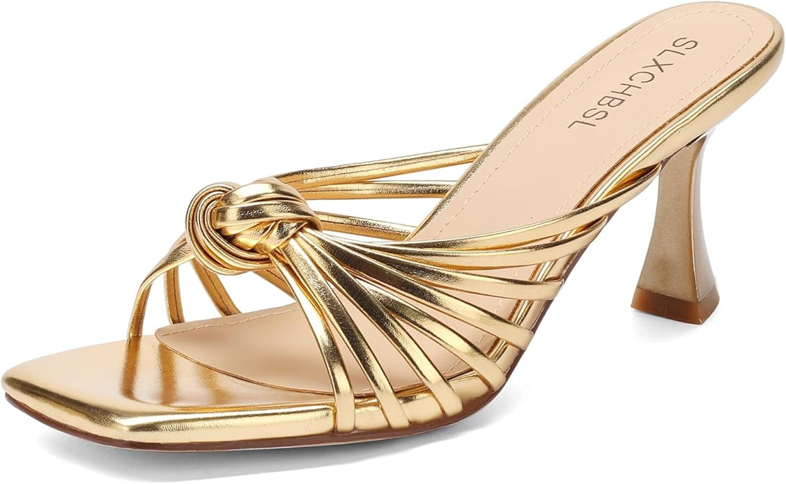 Strappy Kitten Heels for Women Knotted Square Open Toe Sandals Slip On Heels for Party Wedding Ho... | Amazon (US)