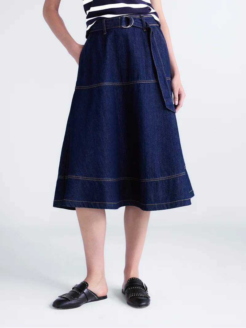 Free Assembly Women's Belted Denim Panel Skirt, Sizes 0-20 | Walmart (US)