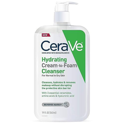 CeraVe Hydrating Cream To Foam Cleanser, Makeup Remover Face Wash For Dry Skin, Foaming Facial Cleanser With Hyaluronic Acid, Normal To Dry Skin, Fragrance Free & Non Comedogenic, 19 Fluid Ounce | Amazon (US)