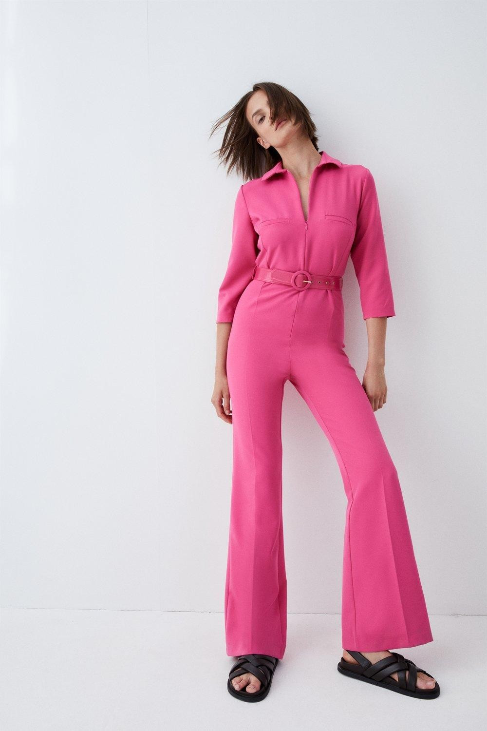 Belted Zip Through Woven Jumpsuit | Karen Millen UK & IE