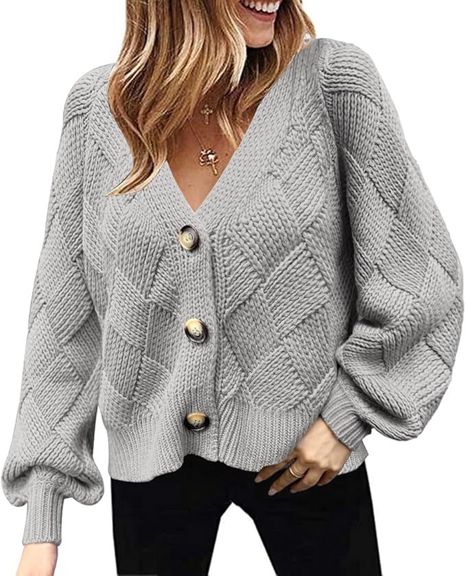 Asskdan Women's V Neckline Button Down Knitwear Lantern Sleeve Basic Knit Cardigan Sweater Tops | Amazon (US)