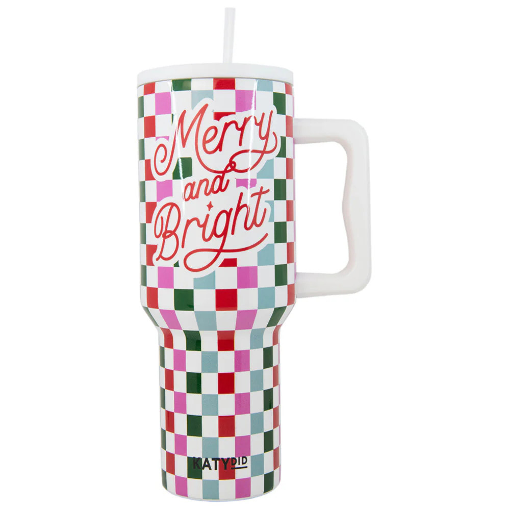 Merry & Bright Checkered Tumbler Cup w/ Handle | Katydid.com