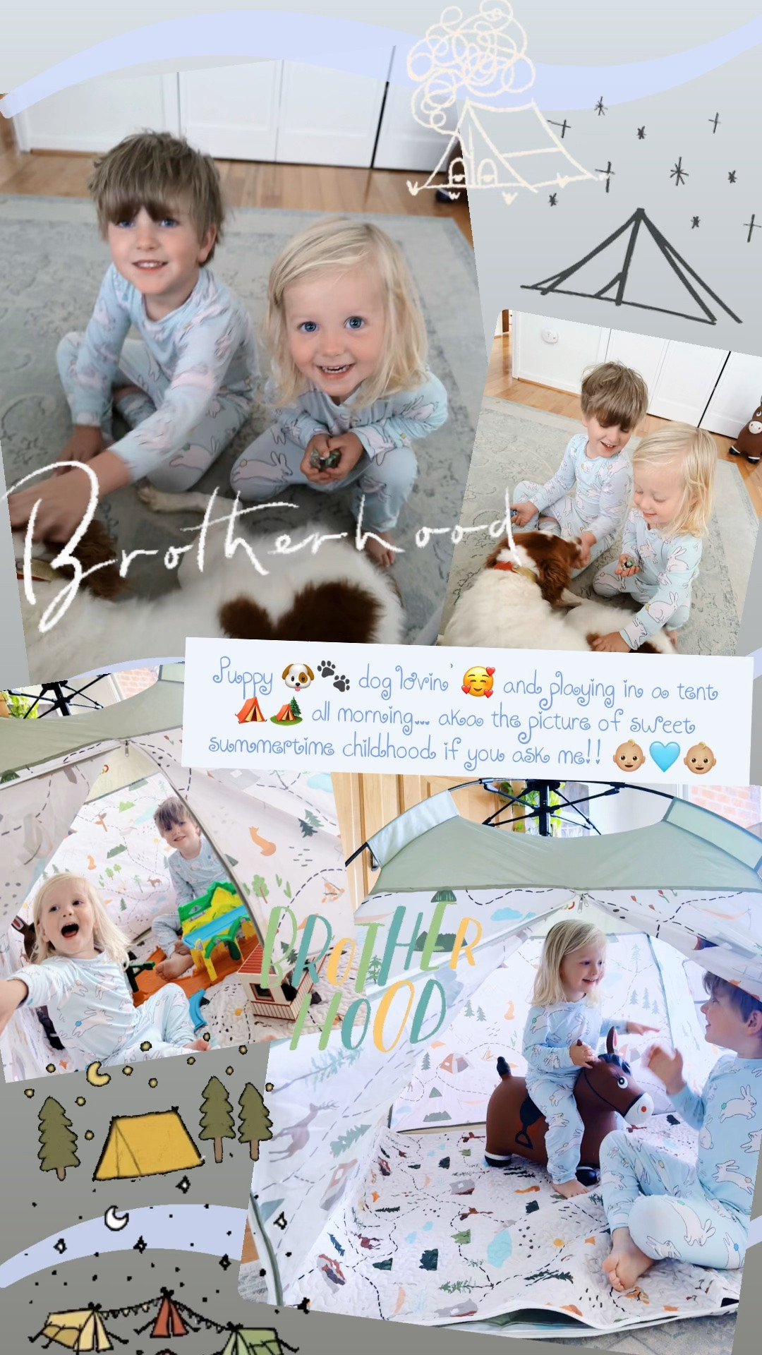 Puppy 🐶🐾 dog lovin’ 🥰 and playing in a tent ⛺️🏕️ all morning… aka the picture of sweet summertime childhood if you ask me!! 👶🏼🩵👶🏼