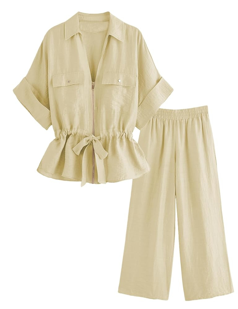 Mingzhu Women's 2 Piece Outfits Short Sleeve Zipper Drawstring Waist Safari Shirts Elastic Waist ... | Amazon (US)