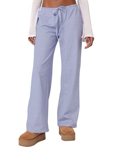 Ugerlov Women's Wide Leg Striped Pants Casual Drawstring Elastic Low Rise Pajama Pants Lounge Wear Trousers, Blue XL | Amazon (US)