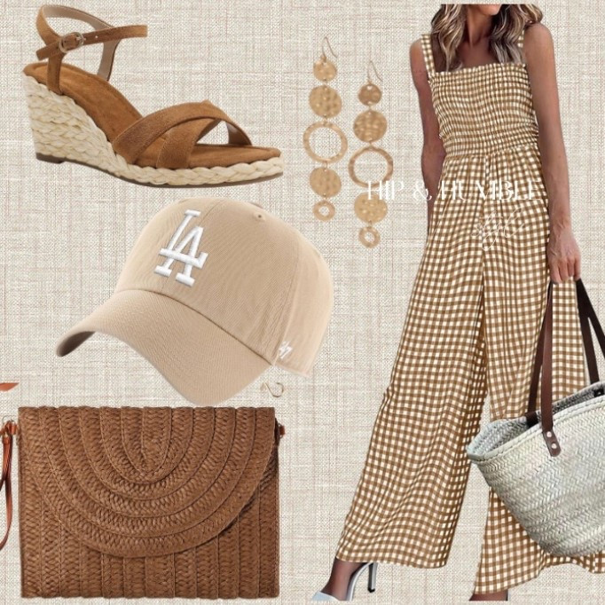 Fun summer outfit for any occasion, jumpsuit, neutral style, wedges, earrings, summer purse style 

#LTKootd #LTKOver40 #LTKgrwm