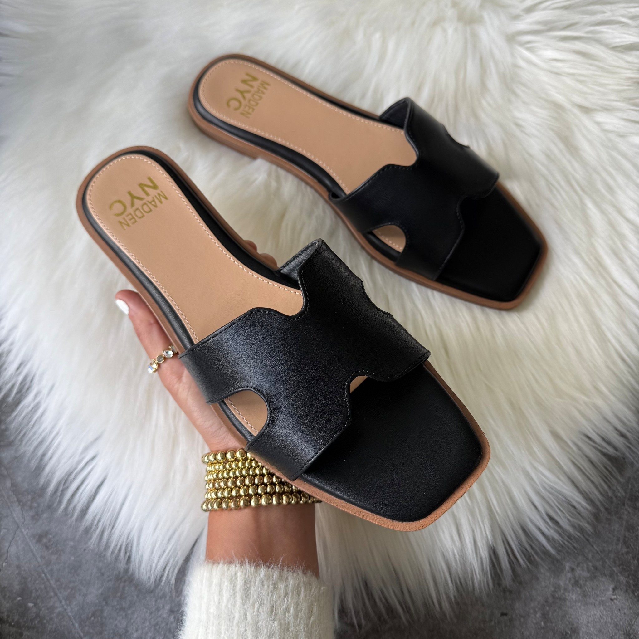 Madden NYC Women’s Classic Flat Slide Sandals $20 size up 1/2 size. 
