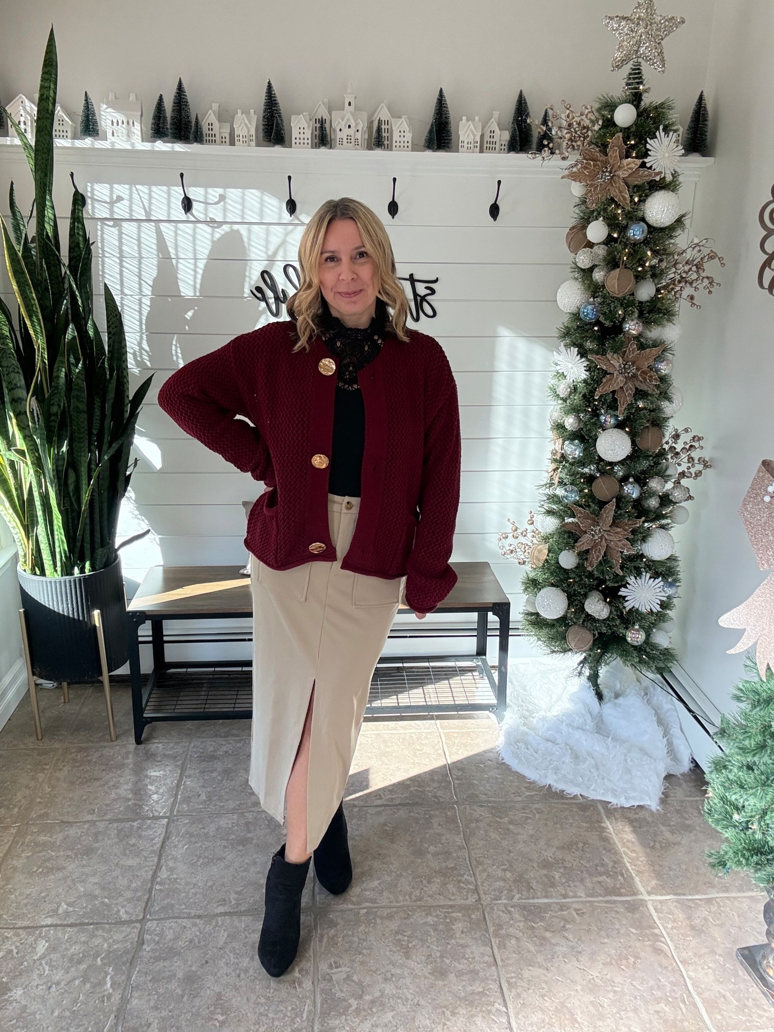 Holiday out for the office! Midi skirt is a medium and on sale, bodysuit is a large and cardigan a medium. Amazon fashion

#LTKWorkwear #LTKOver40 #LTKHoliday