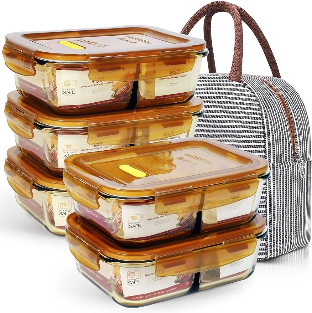 DAS TRUST 5 Pack 36oz Amber Food Storage Containers 2 Compartments Glass Meal Prep Containers wit... | Amazon (US)