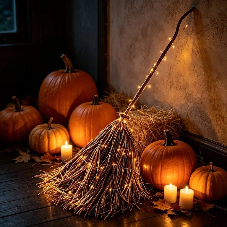 5.5 Ft Giant Light-Up Witches Broom Halloween Decor, Rustic Farmhouse Fall LED Glowing Witch Broo... | Walmart (US)