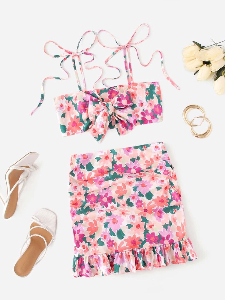 SHEIN Allover Floral Print Knot Shoulder Tie Front Crop Cami Top & Skirt Set | SHEIN