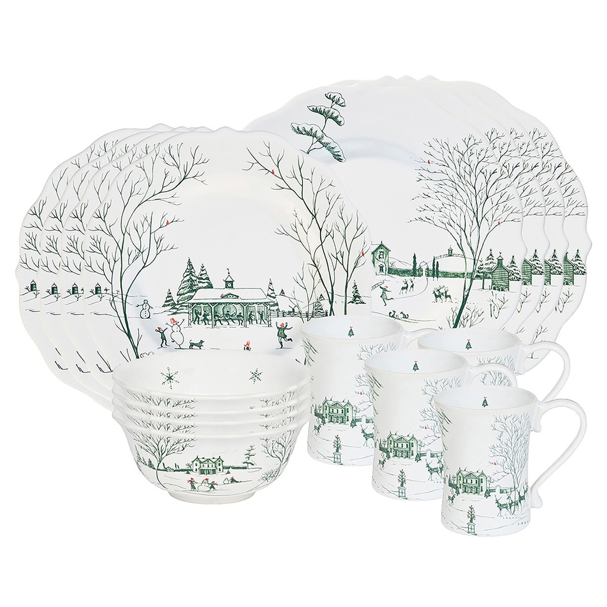 Juliska Country Estate Winter Frolic Evergreen Ceramic 16-Piece Place Setting | Kathy Kuo Home