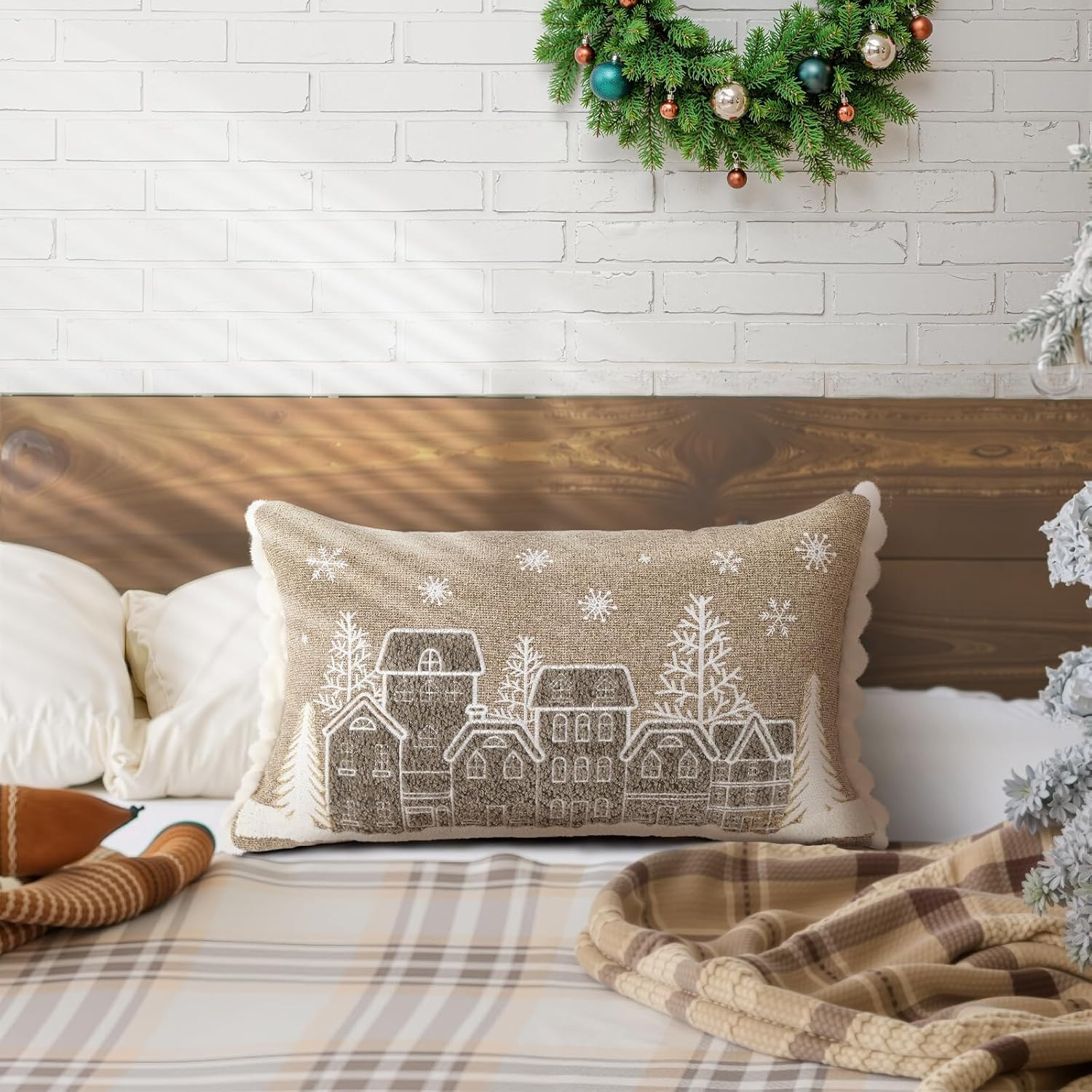 Lewondr Christmas Throw Pillow Cover, 1 PCS 12 x 20 Inch Snowflake & Hut Embroidery Throw Pillow ... | Amazon (US)