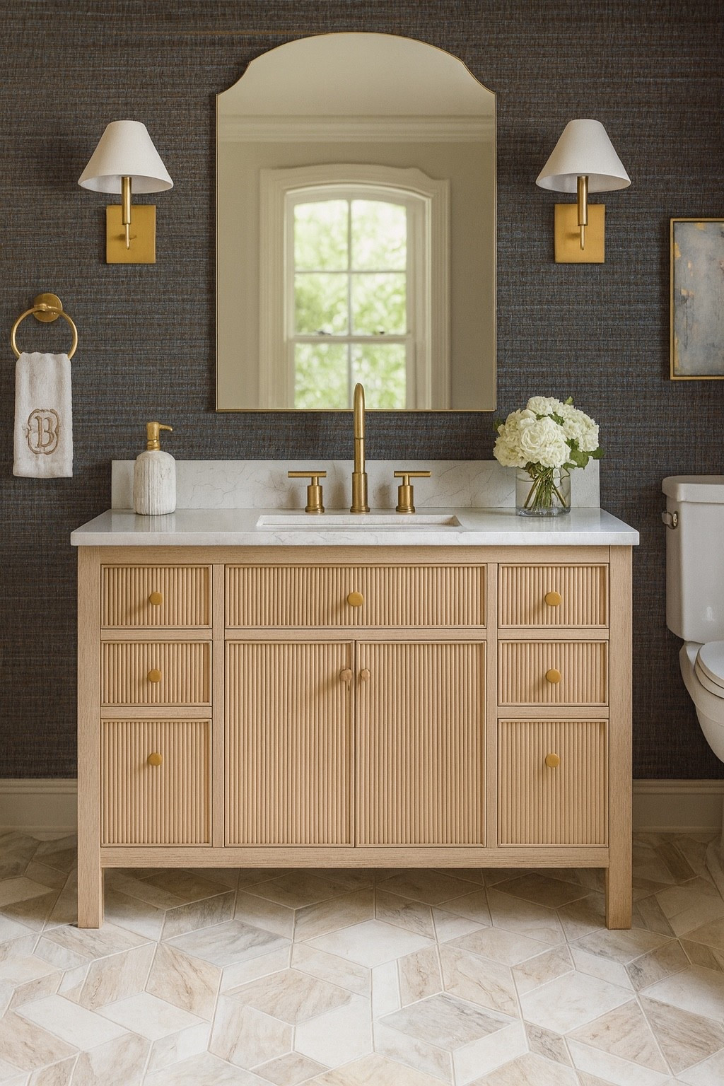 Dark walls with light accents for this powder bath 

#bathroom #vanity #mirror #whiteoak #marble #floortile #homedecor #lighting 

#LTKHome #LTKSaleAlert
