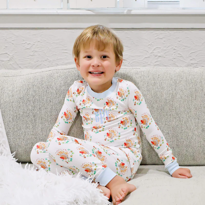 Feathery Turkey Blue Pajamas | Classic Whimsy