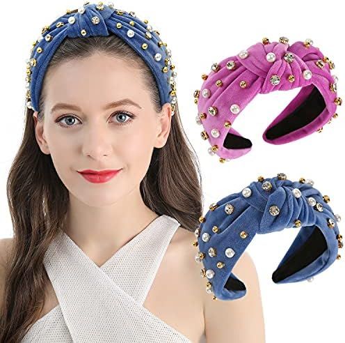 QIANXUAN Wide Rhinestone Headband For Women Pearl Headbands For Girls White Top Knot Headband With B | Amazon (US)