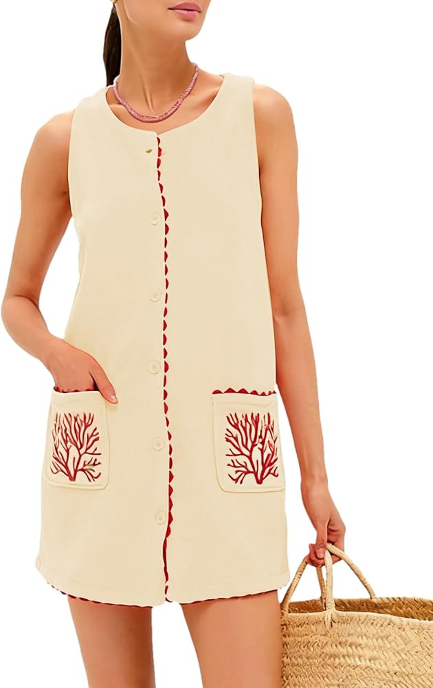 Sleeveless Mini Dress for Women Suede Beach Coverup with Buttons Front Embroidered Shift Summer C... | Amazon (US)