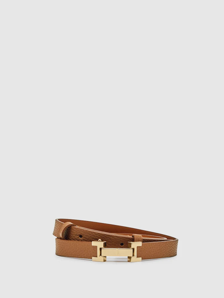 Reiss Tan Hayley Leather Square Hinge Belt | Next US