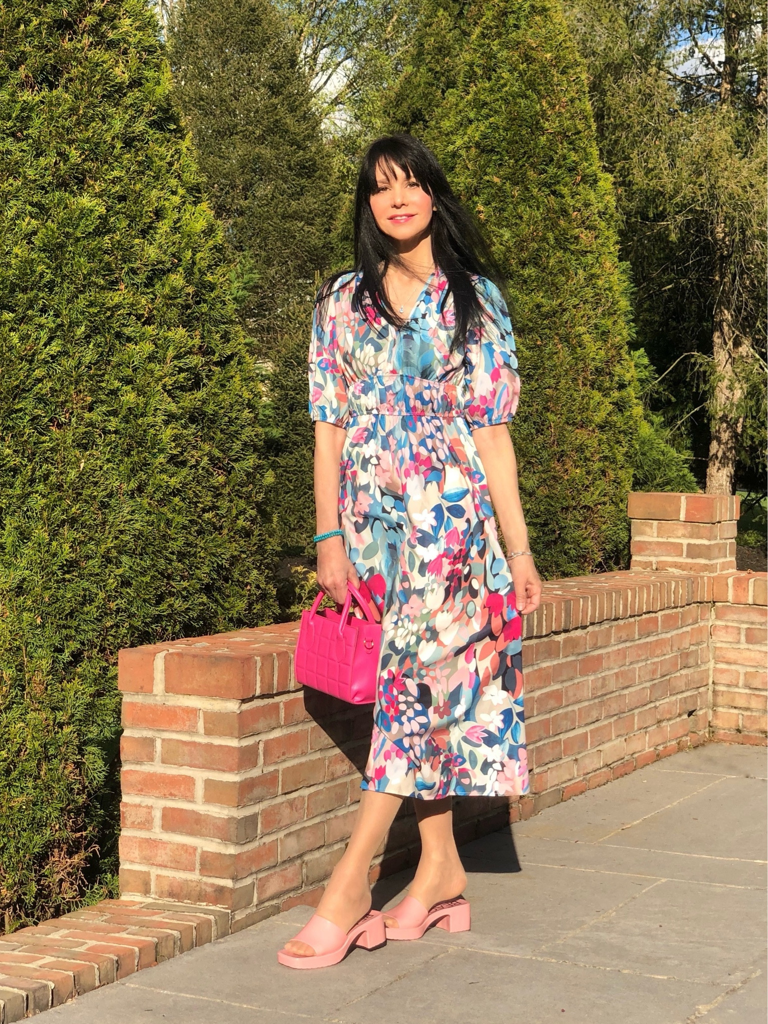 I’ve always seen clothes and fashion as a form of art! With this view, I have never been a minimalist or capsule wardrobe type of person. However, I know I am very fortunate to have more than enough clothes to wear so I now look for pieces that really stand out to me in color, print, style, and affordability. This beautiful spring/summer dress is one of those pieces that I couldn’t resist!  I fell in love with the colors and the artistic floral print! It is a perfect style not only for any day but also for outings and special events!