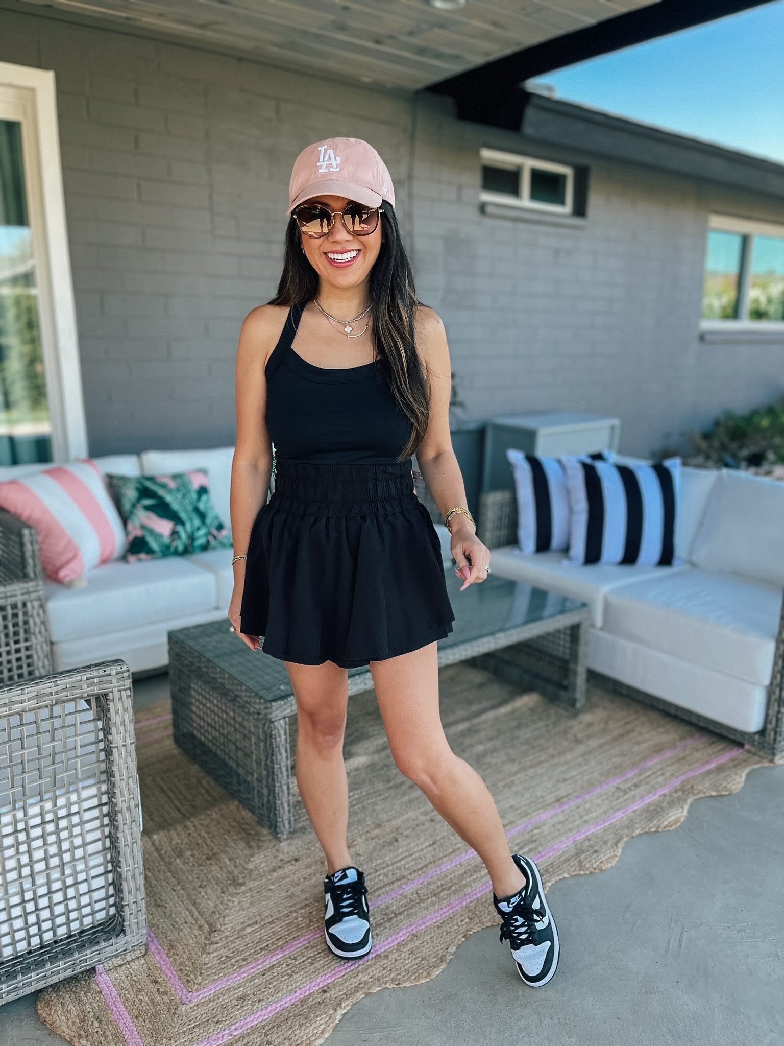 One piece tennis dress
Has built in shorts
Nike dunk low 
Spring break outfit summer casual outfit
Romper
Skort dress