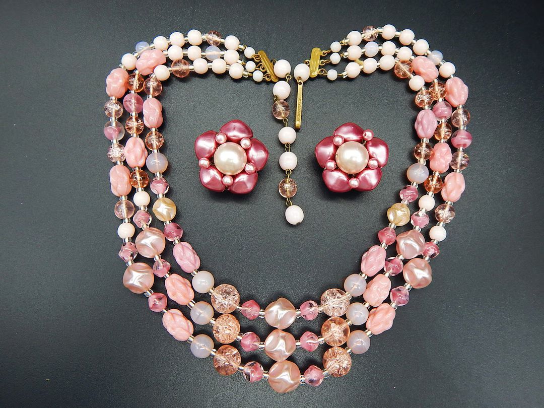 Vintage 1950s Triple Strand Pink Beaded Necklace & Earrings Demi Parure Set West Germany - Etsy C... | Etsy (US)