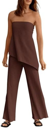 Tankaneo Womens 2 Piece Outfits Asymmetrical Tube Top Wide Leg Pants Knit Vacation Travel 2025 Ma... | Amazon (US)