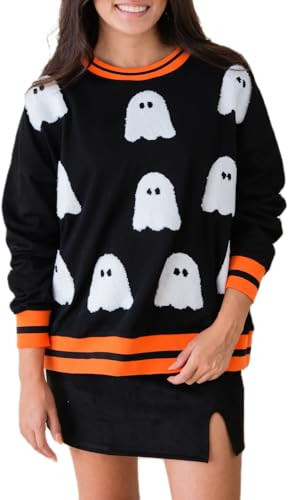 Yiulangde Women's Cute Halloween Sweatshirts Sequin Spooky Ghost Graphic Oversized Pullover Crewneck Long Sleeve Sweater Tops Black Orange | Amazon (US)