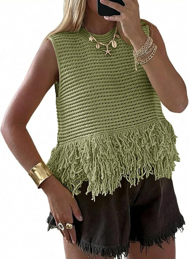 Saodimallsu Womens Crochet Crop Tank Tops Sleeveless Fringe Crew Neck Trendy Boho Knit Summer Swe... | Amazon (US)