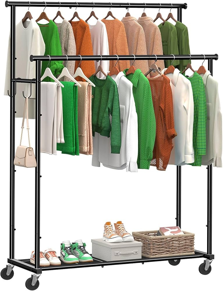 Ekisemio Double Rods Clothes Rack with Wheels Load 400 LBS, 45 Inch Rolling Clothing Rack for Han... | Amazon (US)