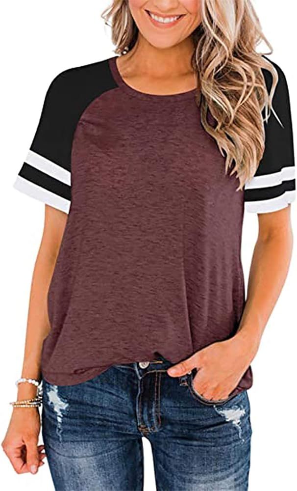 Womens Short Sleeve Shirts Crew Neck T Shirts Striped Raglan Tee Color Block Workout Top Casual Tuni | Amazon (US)