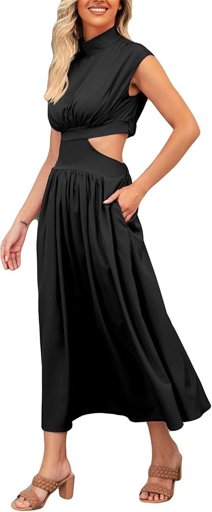 Womens Sexy Solid Color Sleeveless Hollow Slim Casual Hem Dress Vacation Dress | Amazon (US)