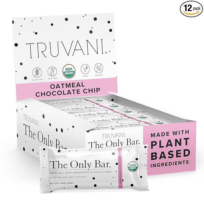 Truvani Plant Based Snack Bar | Oatmeal Chocolate Chip 12 Pack | 6g Protein | USDA Organic and Ve... | Amazon (US)
