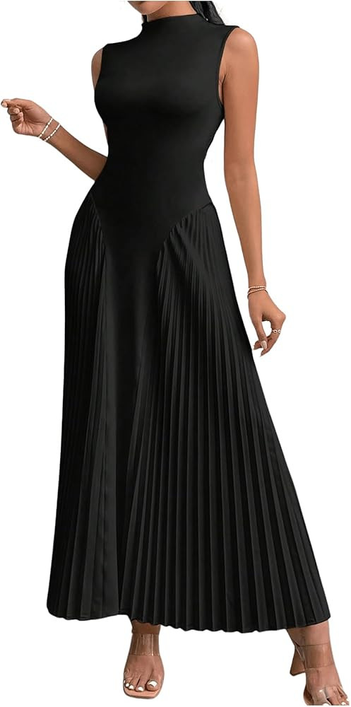 Women's Mock Neck Maxi Dress Sleeveless Pleated A Line Elegant Flowy Long Dresses Solid Black Med... | Amazon (US)