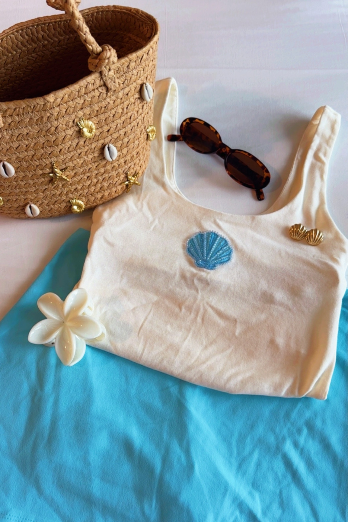Summer vacation ootd🩵 Walmart outfit, Florida keys outfit, affordable fashion, summer style, shell tank top, blue mini skirt, summer sandals, shell purse, floral hair clip, summer outfit ideas, vacation outfit inspo 

