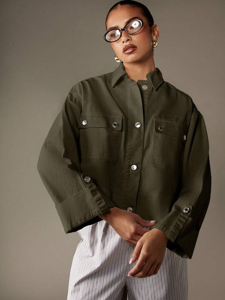MISSGUIDED Cotton Oversized Utility Denim Jacket Button Down Cropped Workwear Collared Shirt With Metal Snap Buttons Front Pockets Cuffed Sleeves Fall Winter Casual | SHEIN