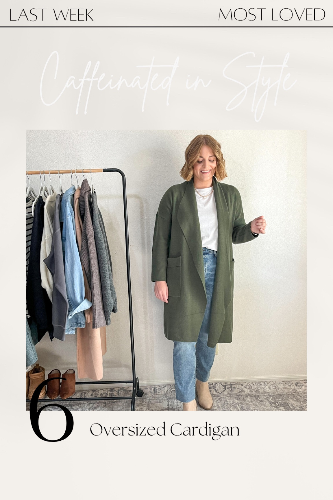 Green oversized cardigan (size down) 
Wearing M

#LTKmidsize #LTKfindsunder50 #LTKstyletip